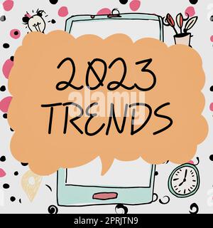 Writing displaying text 2023 Trends, Business concept things that is famous for short period of time in current year Stock Photo