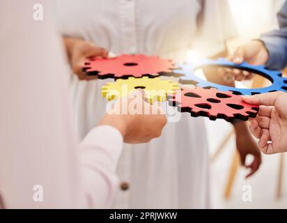 Success, collaboration and teamwork, people hands with gears. Diversity, hands and a team of business people working together. Planning, strategy and cooperation with men and women in the work office Stock Photo