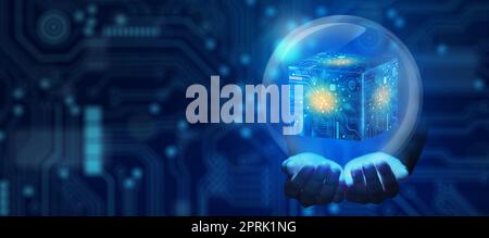 Businessman hands holding Cube technology with Abstract blue background. Blockchain Network System. Big data storage processing, Cloud data, Internet Stock Photo