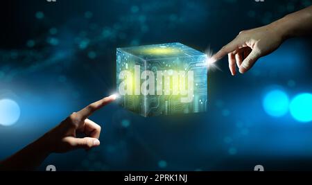 Businessman hands pointing Cube technology with Abstract blue background. Blockchain Network System. Big data storage processing, Cloud data, Internet Stock Photo