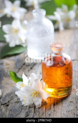 Essential oil with jasmine flower. Aromatherapy massage oil on rustic wooden background. Stock Photo