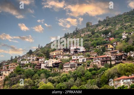 View of the old city of Alanya and the castle walls at sunset Stock Photo