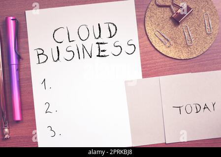 Text sign showing Cloud Business, Word Written on internetbased delivery of services made available to users Stock Photo