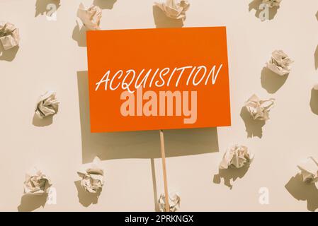 Conceptual display Acquisition, Word Written on process of forming an evaluation by discerning and comparing Important Ideas On Piece Of Wood With Mag Stock Photo