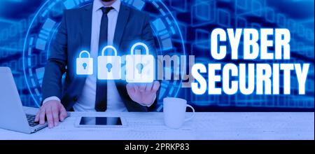 Conceptual display Cyber Security, Concept meaning Contingency Planning Forecasting a disaster or incident Man With Laptop And Pad Pressing On Securit Stock Photo