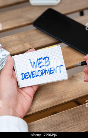 Handwriting text Web Development, Concept meaning work involved in developing a website for the Internet Businessman in suit holding open palm symboli Stock Photo