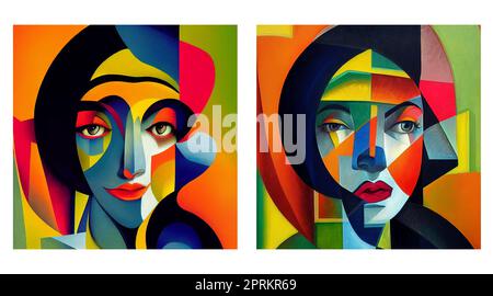 Set of two color images of abstract female portrait, rich color background, cubist artwork Stock Photo