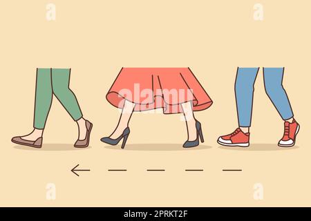 People legs walking in one direction. Men and women feet stepping to destination point together. Vector illustration. Stock Photo