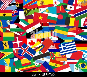 International Flags in pile. Many flags of countries. National symbols of countries. National flags of different countries. International relations. A Stock Photo