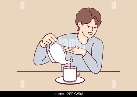 Young man sit at desk pouring tea in cup from kettle. Smiling guy enjoy warm coffee in mug at home. Vector illustration. Stock Photo