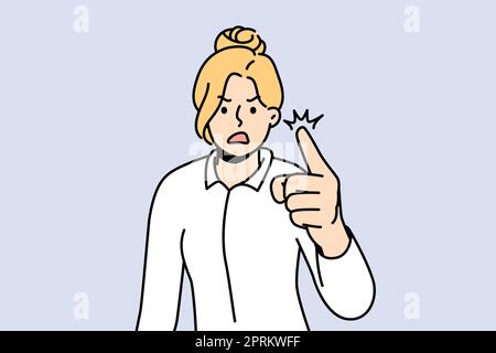 Furious businesswoman feel emotional screaming and scolding. Mad woman point with finger shout and lecture. Vector illustration. Stock Photo