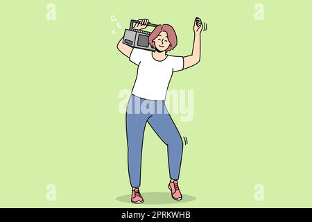 Overjoyed young woman with stereo on shoulder dancing and having fun. Smiling girl enjoy music on boombox device. Vector illustration. Stock Photo