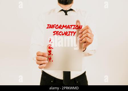 Hand writing sign Information Security, Word for INFOSEC Preventing Unauthorized Access Being Protected Stock Photo