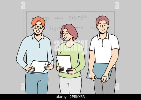 Smiling students with documents standing near board presenting in classroom. Happy pupils with paperwork make presentation in school. Vector illustrat Stock Photo