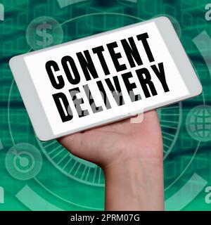Sign displaying Content Delivery, Conceptual photo method for studying documents and communication artifacts Important Idea Shown On Phone On Desk Wit Stock Photo