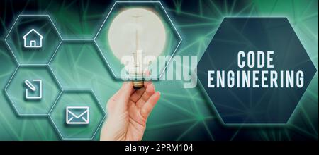 Text sign showing Code Engineering, Word Written on significant ideas that are completely or partly repressed Woman Holding Light Bulb With Digital He Stock Photo