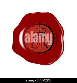 A royal wax stamp or seal in red set over a white background Stock Photo