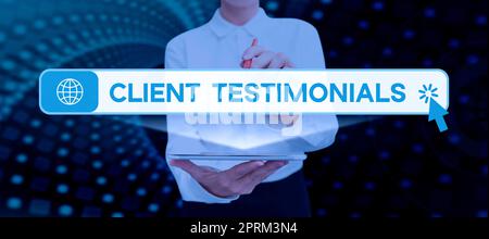 Text showing inspiration Client Testimonials, Word Written on Various Engineered Databases Softwares Applications Businessman in suit holding notepad Stock Photo