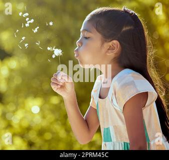 Girl, child and nature dandelion flower blowing for wish, dream and magic in garden on vacation in spring. Kid, park and motivation for hope, love and Stock Photo