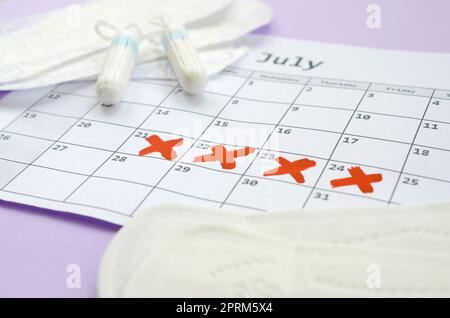 Aspects of women wellness in monthlies period. Menstrual pads and tampons on menstruation period calendar. Woman critical days, gynecological menstrua Stock Photo