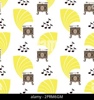 A gramophone icon is an old type of record player. Seakless pattern of classical musical box. Antique phonograph on white background. Stock Vector