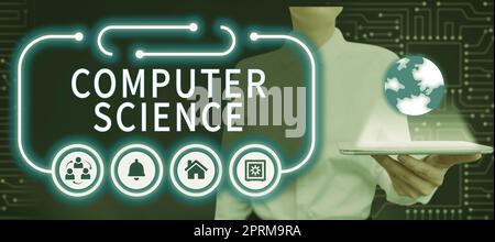 Text sign showing Computer Science, Word for instruct and help users acquire proficiency in computer Businesswoman Holding A Tablet With Digital Displ Stock Photo