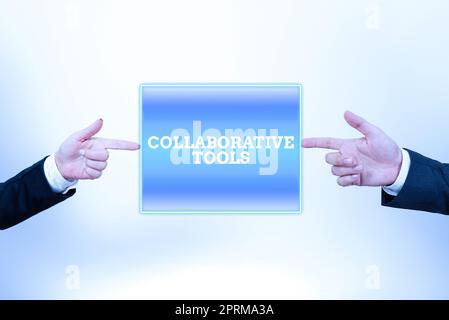Hand writing sign Collaborative Tools, Business overview Determine the Strength Weakness of Competitive Market Important Informations Pointed Between Stock Photo