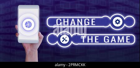 Hand writing sign Change The Game, Concept meaning Market study seeking specific potential clients Marketing Woman Showing Pie Chart On Cellphone And Stock Photo