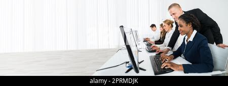 Happy Computer Training Staff People In Classroom Stock Photo