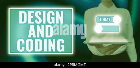 Conceptual display Design And Coding, Word Written on HTML and programming, Cross platform development website Woman With Tablet Showing Toggle Button Stock Photo