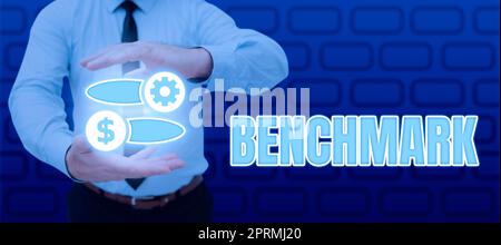 Sign displaying Benchmark, Concept meaning using or able to use two languages especially with equal fluency Man With Graphic S In Hands Presenting Exc Stock Photo