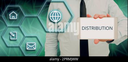 Writing displaying text Distribution, Word Written on statement or event that indicates a possible or impending danger Man With Smartphone By Digital Stock Photo