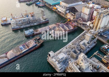 Lei Yue Mun, Hong Kong 22 May 2019: Top view of Hong Kong concrete plant factory at seaside Stock Photo