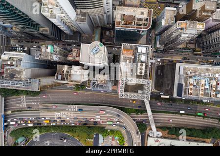 Causeway Bay, Hong Kong 07 January 2021: Top down view of Hong Kong city traffic Stock Photo