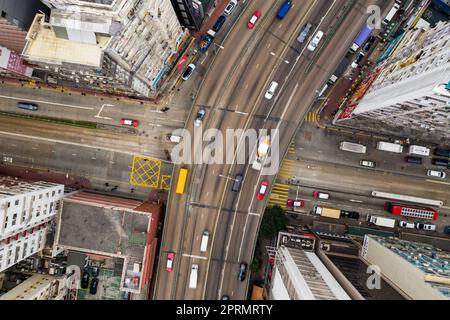 Causeway Bay, Hong Kong 11 January 2021: Top down view of traffic in Hong Kong city Stock Photo