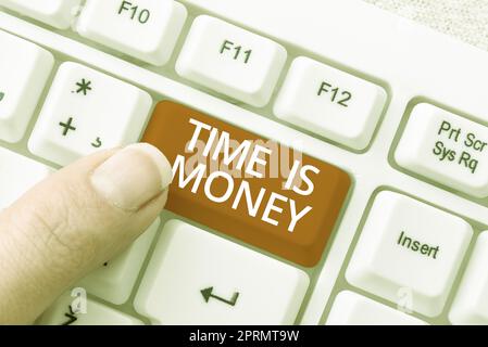 Text showing inspiration Time Is Money. Business concept Better to do things as quickly as possible Do not delay Woman Holding Tablet And Pointing With One Finger On Important Idea. Stock Photo