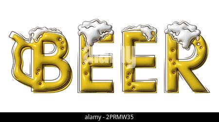 Text stylized as a beer drink, splashes and drops. Stylish design for a brand, label or advertisement 3D image Stock Photo