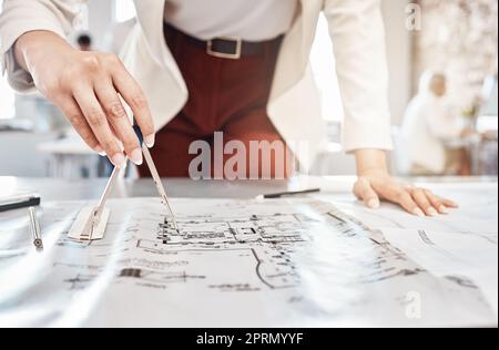 Building blueprint, drawing compass of woman planning planning architect or engineer project. Architecture, engineering and industrial designer and worker working on a design model job in a office Stock Photo