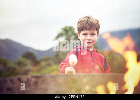 Mmm... marshmallows. Portrait of a little boy roasting a marshmallow over a fire. Stock Photo