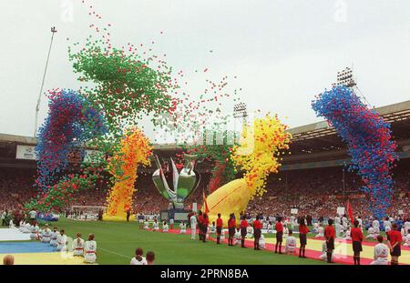 File photo dated 08-06-1996 of Thousands of balloons being released to mark the start of Euro 96 at Wembley today (Saturday) prior to the opening England v Switzerland game. Photo by Neil Munns/PA. Issue date: Thursday April 27, 2023. Stock Photo