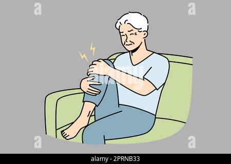 Unhealthy old man sit on couch suffer from knee pain. Unwell sick elderly grandfather struggle with rheumatism. Vector illustration. Stock Photo