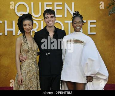 Los Angeles, United States. 26th Apr, 2023. Cast members India Amarteifio, Corey Mylchreest and Arsema Thomas (L-R) attend the premiere of Netflix's TV series 'Queen Charlotte: A Bridgerton Story' at the Regency Village Theatre in Los Angeles on Wednesday, April 26, 2023. Storyline: The rise and love life of a young Queen Charlotte. Photo by Jim Ruymen/UPI Credit: UPI/Alamy Live News Stock Photo