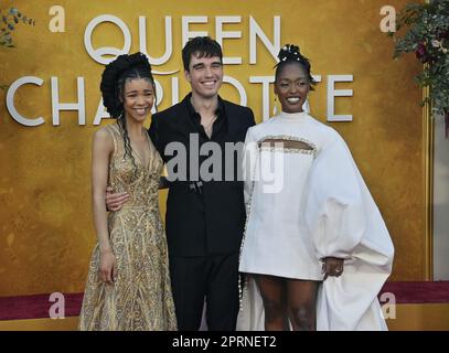 Los Angeles, United States. 26th Apr, 2023. Cast members India Amarteifio, Corey Mylchreest and Arsema Thomas (L-R) attend the premiere of Netflix's TV series 'Queen Charlotte: A Bridgerton Story' at the Regency Village Theatre in Los Angeles on Wednesday, April 26, 2023. Storyline: The rise and love life of a young Queen Charlotte. Photo by Jim Ruymen/UPI Credit: UPI/Alamy Live News Stock Photo