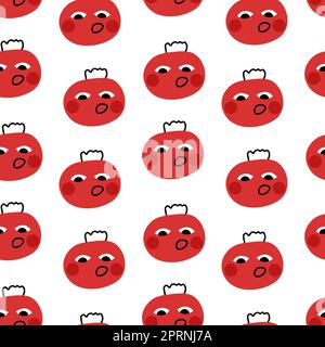 Cartoon scandinavian red tomato seamless pattern illustration. Doodle funny smiling vegetable wallpaper. Stock Vector