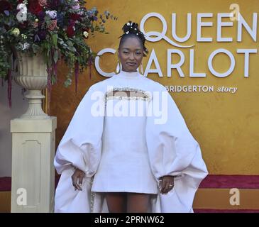 Los Angeles, United States. 26th Apr, 2023. Cast member Arsema Thomas attends the premiere of the Netflix TV series 'Queen Charlotte: A Bridgerton Story' at the Regency Village Theatre in Los Angeles on Wednesday, April 26, 2023. Storyline: The rise and love life of a young Queen Charlotte. Photo by Jim Ruymen/UPI Credit: UPI/Alamy Live News Stock Photo