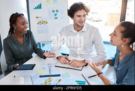 Business meeting with workers in office boardroom for with diversity, support and company business strategy success. Corporate marketing presentation and planning of global vision and kpi mission Stock Photo