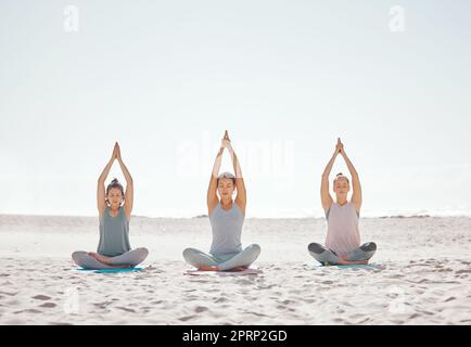 Yoga, friends and women with peace, meditation and fitness for balance,  wellness and healthy lifestyle. Female people, happy girls and yogi in  living Stock Photo - Alamy