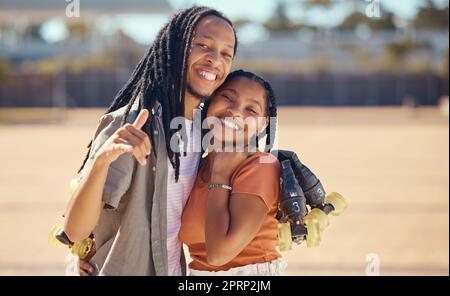 Roller skater, love and happy couple in summer enjoy living a healthy, wellness active lifestyle together. Smile, girl and gen z boy bonding outdoors for fun a skating activity on a weekend trip Stock Photo