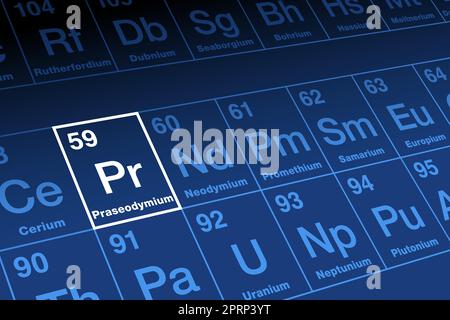 Praseodymium on periodic table of the elements, with element symbol Pr Stock Vector