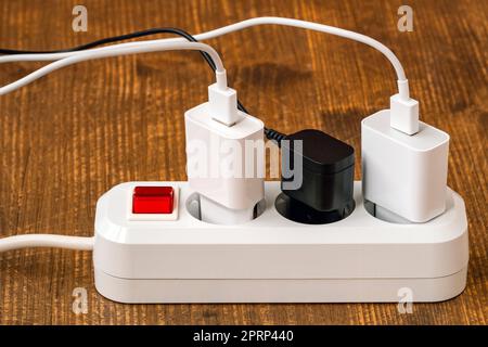 Close-up of electrical power white strip or extension block Stock Photo